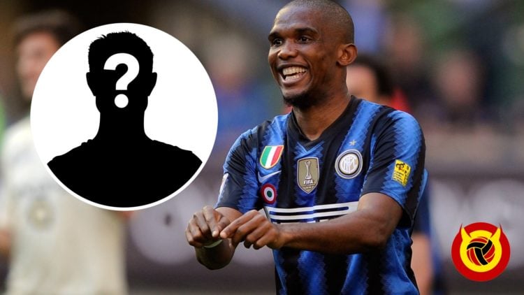 Samuel Eto'o celebrates scoring for Inter Milan with hands together in front of him. Inset mystery player icon. Overlaid UIF logo.