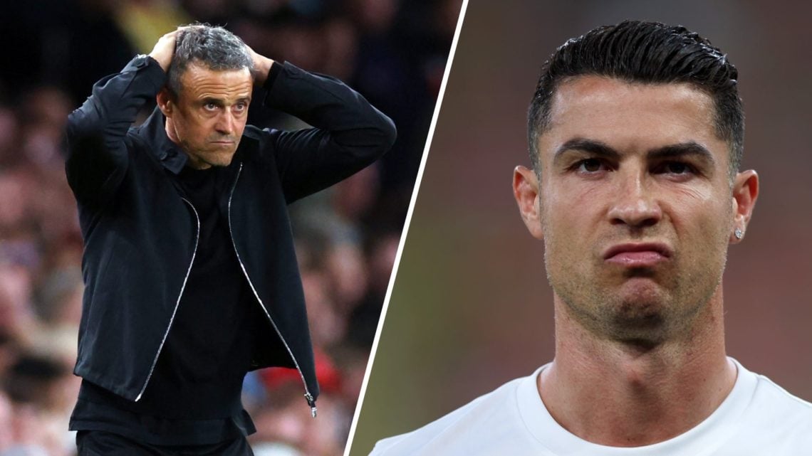 A split image of Paris Saint-Germain head coach Luis Enrique (L) and Al-Nassr forward Cristiano Ronaldo (R)