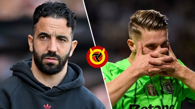 Split image. Left, Ruben Amorim facing toward camera wearing Manchester United hoodie. Right, Viktor Gyokeres looking to the left while doing face ...