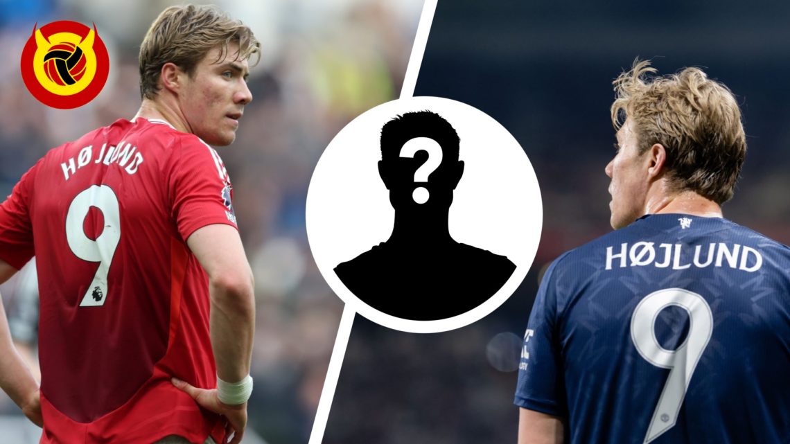 Split image of Rasmus Hojlund with his hands on his hits from the back against Newcastle in the home kit. Hojlund facing away from camera in away k...
