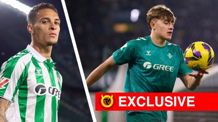 Split image of Antony staring at camera for Real Betis. Jesus Rodriguez holding ball before a corner for Betis. Overlaid UIF exclusive banner and l...