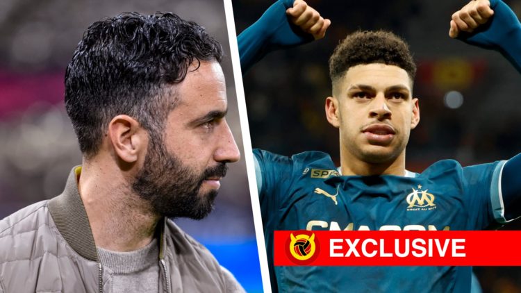 Split image of Ruben Amorim side profile during Manchester United against Lyon and Luis Henrique celebrating for Marseille. Overlaid UIF Exclusive ...