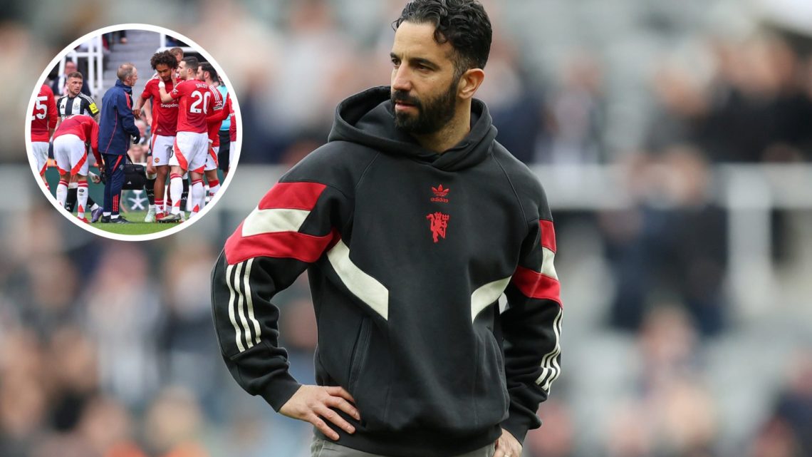 Ruben Amorim stands with hands on hips, Joshua Zirkzee helped off by staff with injury
