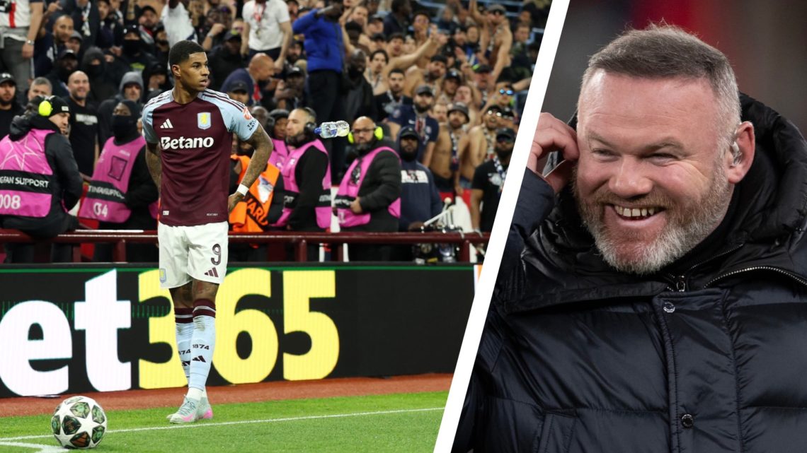 Split image of Marcus Rashford preparing to take a corner for Aston Villa during Champions League quarter final vs PSG. Wayne Rooney laughs before ...