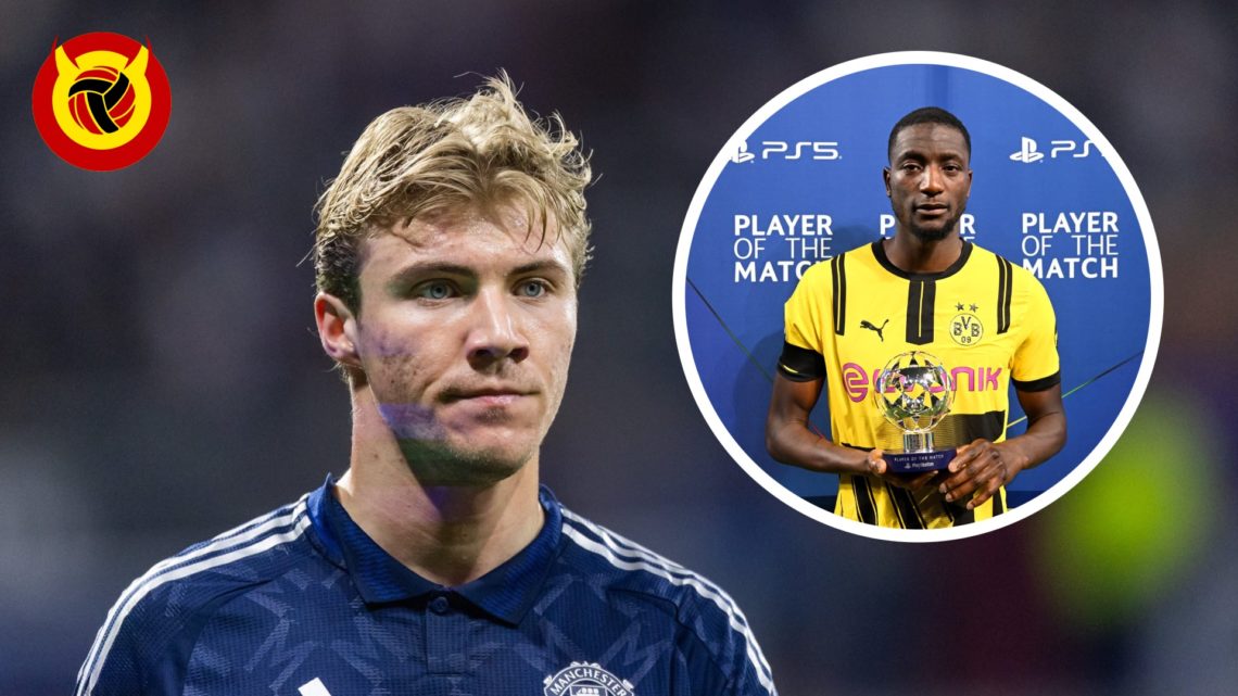 Rasmus Hojlund looks toward camera for Manchester United. Inset Serhou Guirassy with man of the match award for Borussia Dortmund against Barcelona.