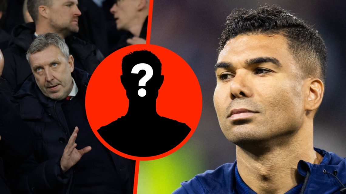 Split image of Casemiro head shot while listening to Europa League anthem for Manchester United. Jason Wilcox stands in the crowd in conversation. ...