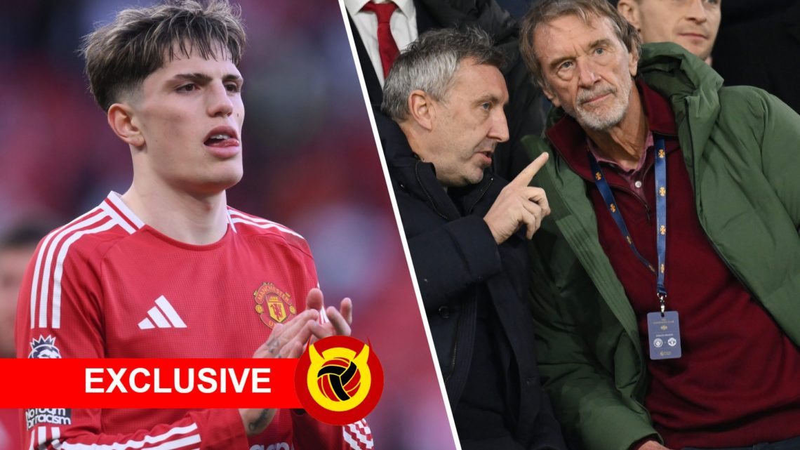 Split image of Manchester United winger Alejandro Garnacho and director Jason Wilcox and co-owner Sir Jim Ratcliffe.