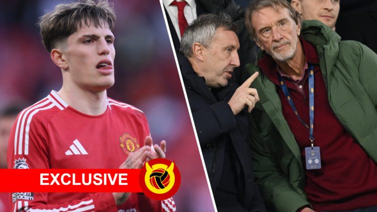 Split image of Manchester United winger Alejandro Garnacho and director Jason Wilcox and co-owner Sir Jim Ratcliffe.