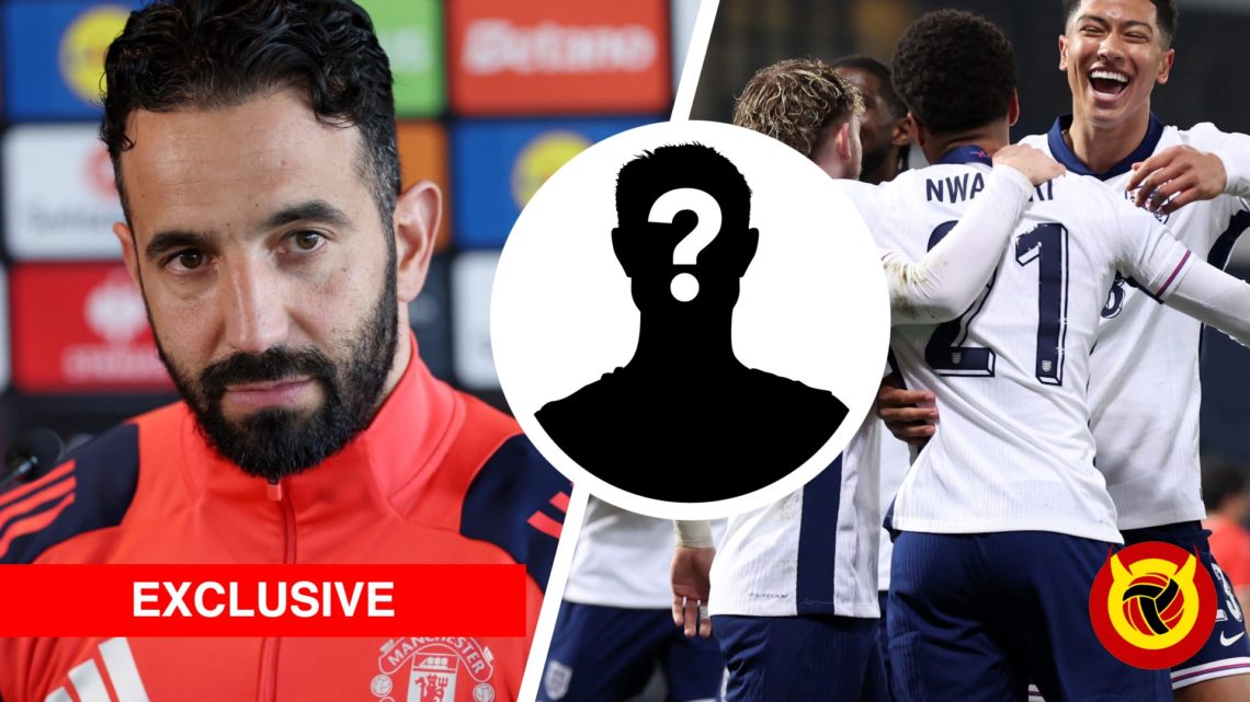 Split image of Ruben Amorim headshot image during Manchester United press conference. Jobe Bellingham celebrates with England U21. Overlaid mystery...