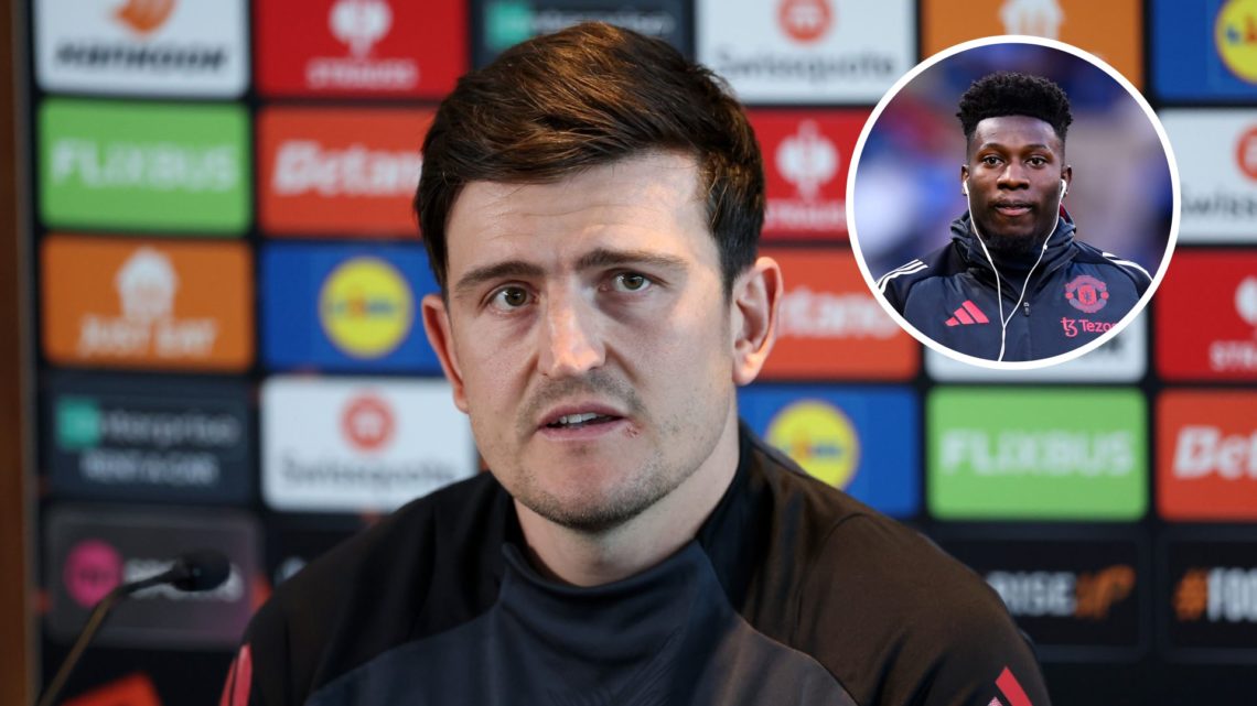 Harry Maguire split image with Andre Onana