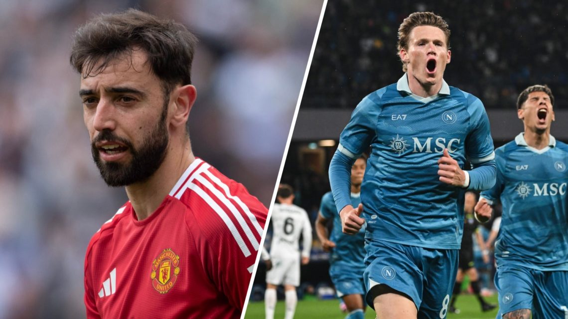 A split image of Manchester United captain Bruno Fernandes (L) and Napoli midfielder Scott McTominay (R)