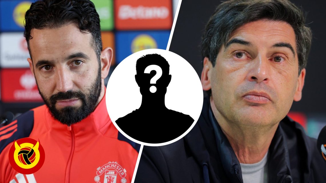 Split image of Ruben Amorim headshot image during Manchester United press conference. Paulo Fonseca headshot image during Lyon press conference. Ov...