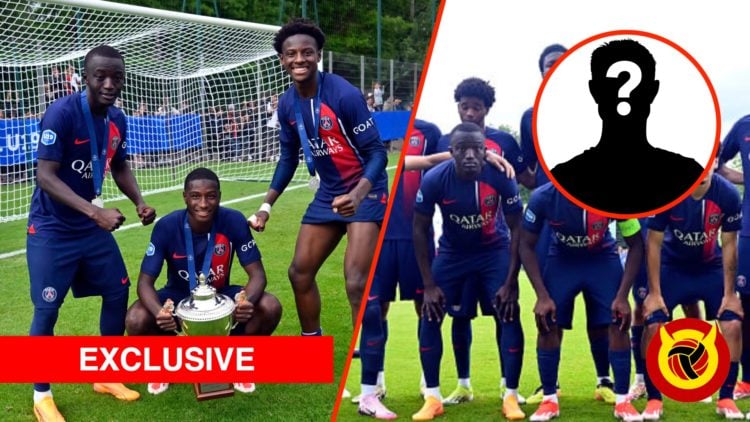 Split image of Mahamadou ⁠Sangare of PSG celebrating trophy win with teammates. PSG U19 team photo. Overlaid UIF logo and exclusive banner. Inset m...