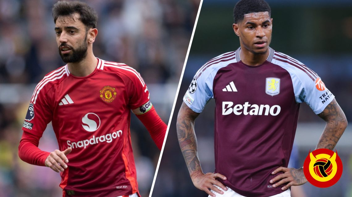 Split image of Bruno Fernandes during Manchester United vs Newcastle and Marcus Rashford with hands on his hips during PSG vs Aston Villa. Overlaid...
