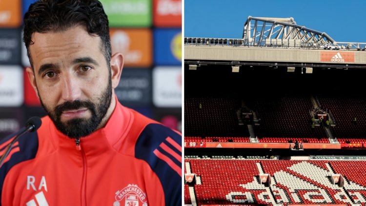 Split image of Ruben Amorim and Old Trafford stadium