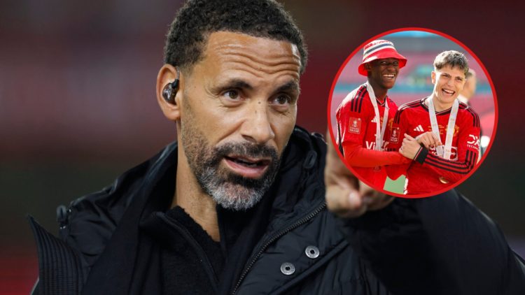 Rio Ferdinand points, and inset, Alejandro Garnacho and Kobbie Mainoo celebrate FA Cup win