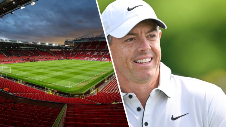 Split image of Manchester United stadium and golfer Rory McIlroy