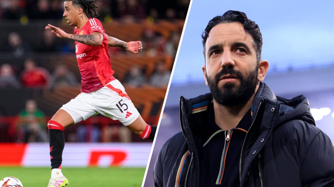 Split image of Manchester United defender Leny Yoro and manager Ruben Amorim.
