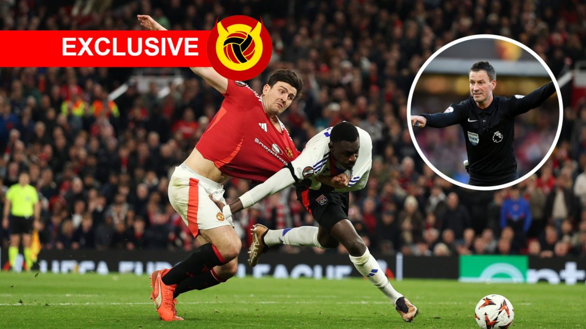 Harry Maguire fouled against Lyon, inset Mark Clattenburg, with Exclusive tag and UIF logo