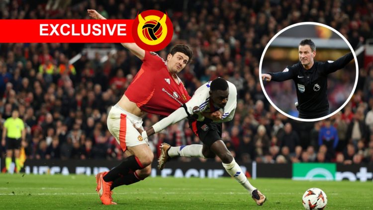 Harry Maguire fouled against Lyon, inset Mark Clattenburg, with Exclusive tag and UIF logo
