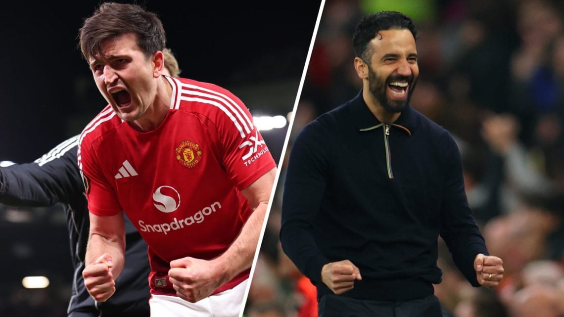 Split image of Manchester United star Harry Maguire and head coach Ruben Amorim vs Lyon.