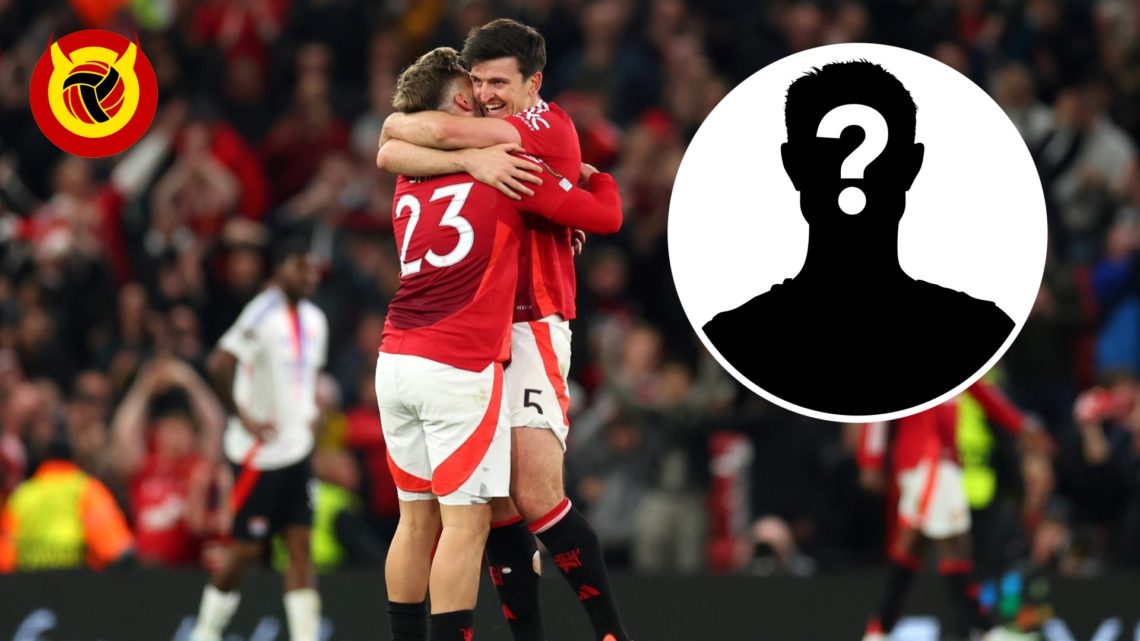 Harry Maguire and Luke Shaw embrace after Manchester United vs Lyon. Inset mystery player icon. Overlaid UIF logo.