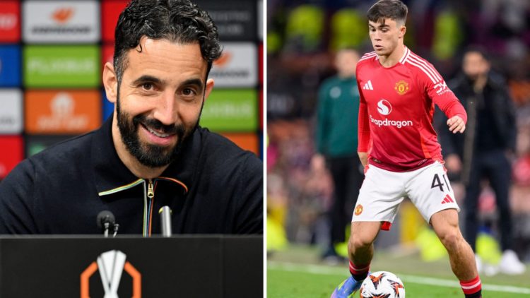 Split image of Ruben Amorim and Manchester United academy star Harry Amass.