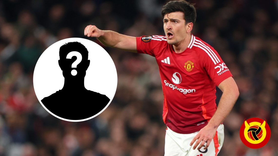 Harry Maguire with arm in the air during Manchester United vs Lyon. Inset mystery player icon. Overlaid UIF logo.