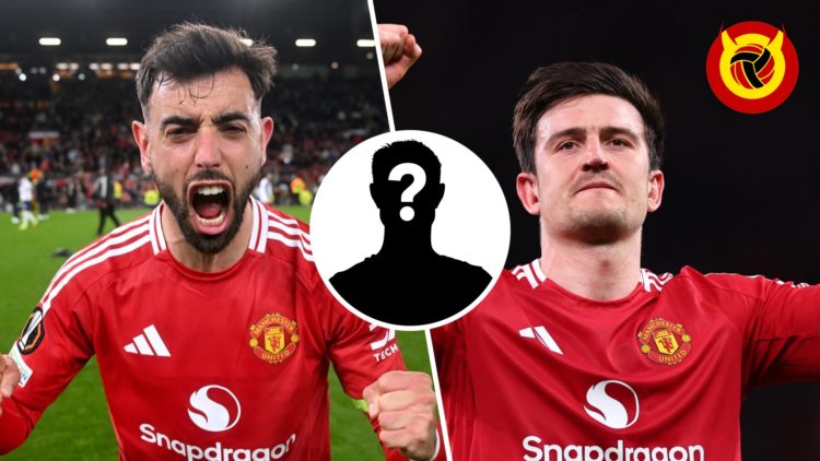 Split image of Harry Maguire celebrating with fists in the air for Manchester United. Bruno Fernandes shouts in celebration toward camera after Uni...