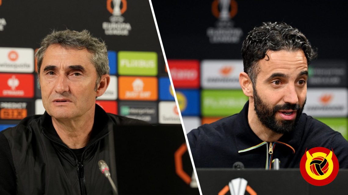 Split image of Ernesto Valverde close up during press conference for Athletic Bilbao and Ruben Amorim close up during press conference for Manchest...