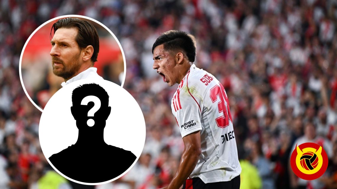 Ian Subiabre celebrates scoring for River Plate. Inset Lionel Messi close up image. Inset mystery player icon. Overlaid UIF logo.