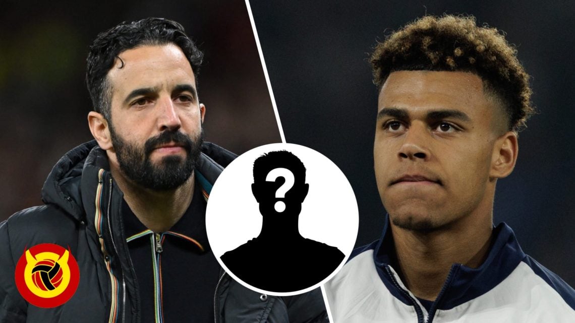 Split image. Ruben Amorim close up during Manchester United vs Lyon. Desire Doue close up during PSG game, wearing walkout jacket. Inset mystery pl...