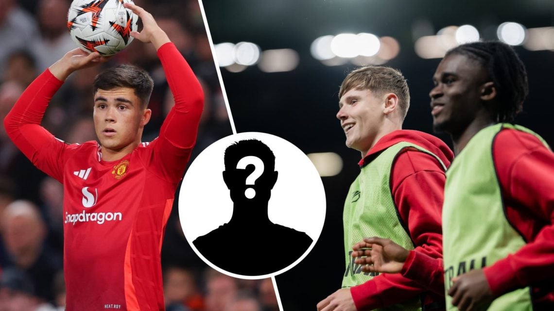 Split image. Harry Amass taking throw in for Manchester United vs Lyon, holding ball above his head. Jack Moorhouse and Jaydan Kamason warm up toge...