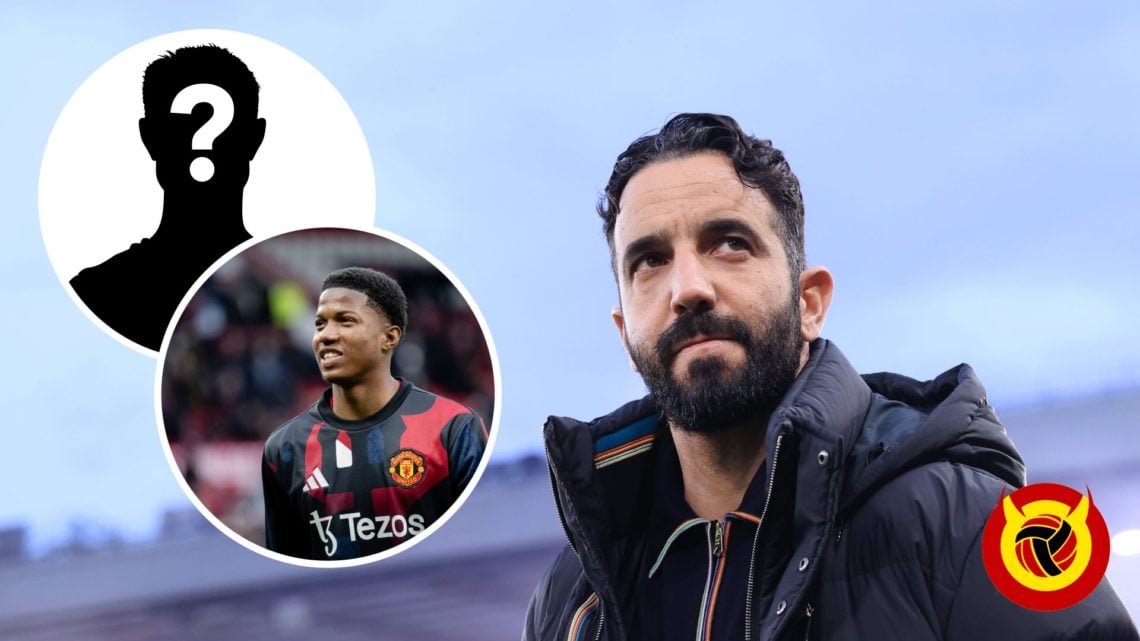 Ruben Amorim pictured from a low angle at Old Trafford. Inset Chido Obi warming up for Manchester United, smiling toward the crowd. Inset mystery p...