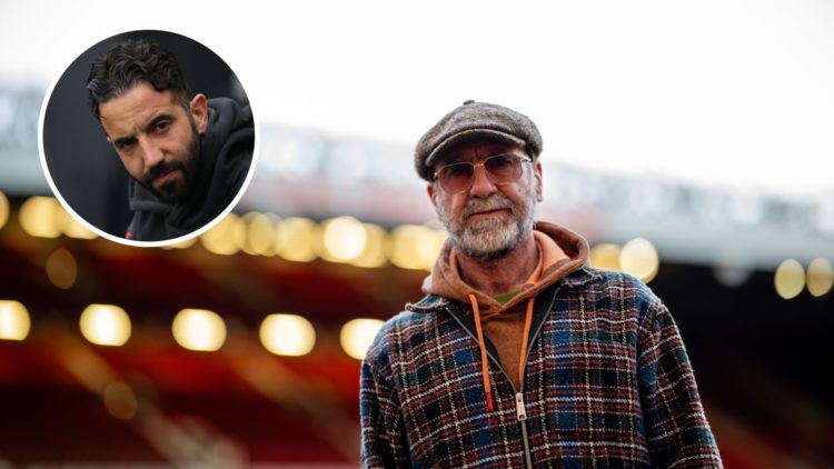 Eric Cantona looks on at the end of the Premier League match between Manchester United FC and Manchester City FC at Old Trafford. Manchester United...