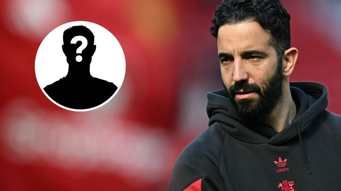 Ruben Amorim as Manchester United manager looking pensive, mystery player silhoutte inset