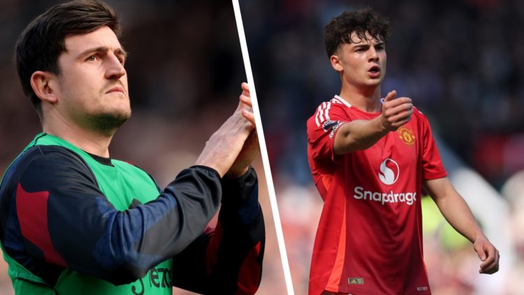 Harry Maguire in a Manchester United training kit looks on as Red Devils are beaten by Wolves (left), Tyler Fredricson in a Manchester United jerse...