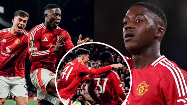 Kobbie Mainoo of Manchester United celebrates scoring their fourth goal during the UEFA Europa League 2024/25 Quarter Final Second Leg match betwee...