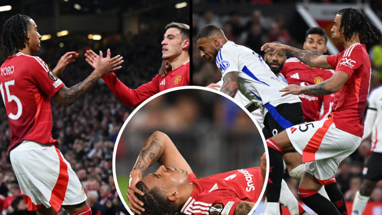 Manuel Ugarte of Manchester United celebrates scoring his team's first goal with teammates Leny Yoro and Patrick Chinazaekpere Dorgu during the UEF...
