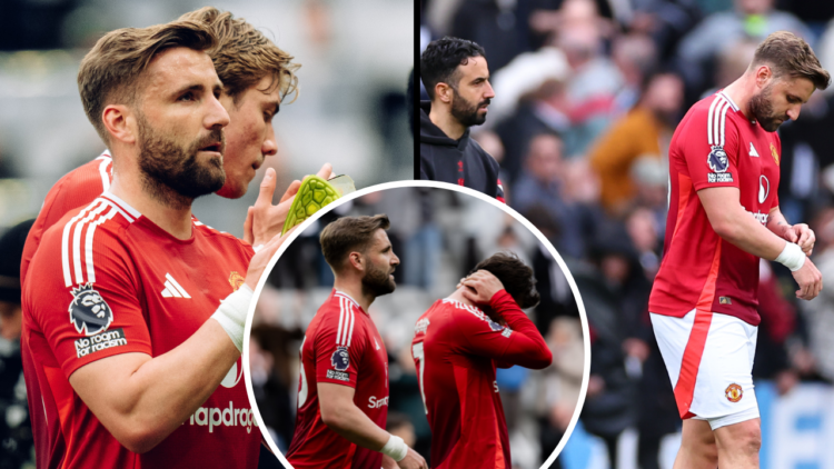 Luke Shaw of Manchester United applauds the fans after the Premier League match between Newcastle United FC and Manchester United FC at St James' P...