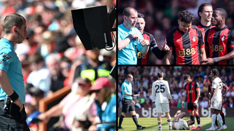 Evanilson of Bournemouth is sent off for serious foul play after an on pitch VAR review by Referee Peter Bankes during the Premier League match bet...