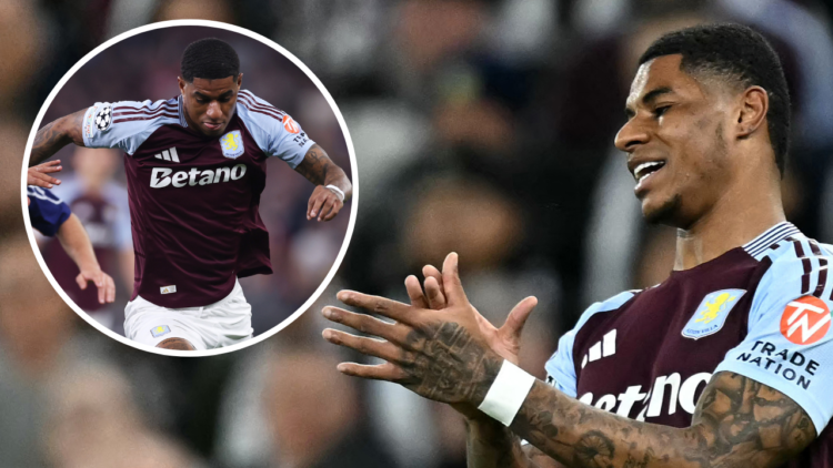 Aston Villa's English striker #09 Marcus Rashford reacts after failing to score during the UEFA Champions League quarter-final second-leg football ...
