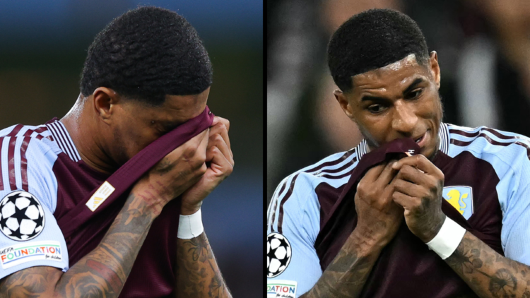 Marcus Rashford of Aston Villa looks dejected during the UEFA Champions League 2024/25 Quarter Final Second Leg match between Aston Villa FC and Pa...