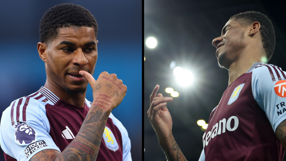 Marcus Rashford of Aston Villa looks on during the Premier League match between Manchester City FC and Aston Villa FC at Etihad Stadium. Insert: As...