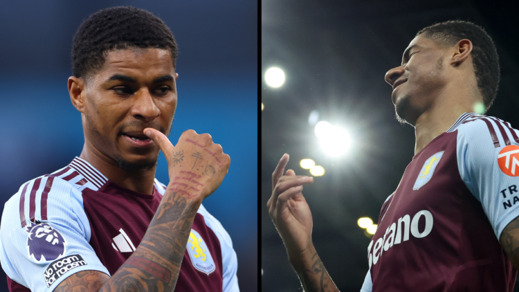 Marcus Rashford of Aston Villa looks on during the Premier League match between Manchester City FC and Aston Villa FC at Etihad Stadium. Insert: As...