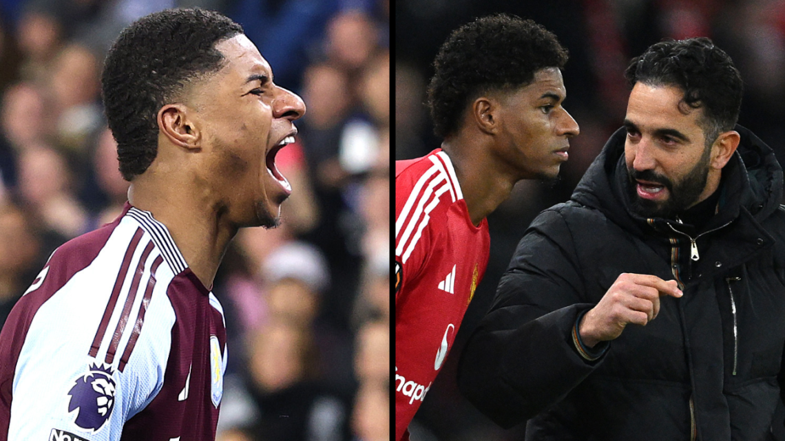 Marcus Rashford of Aston Villa celebrates scoring his team's first goal with teammates during the Premier League match between Brighton & Hove Albi...