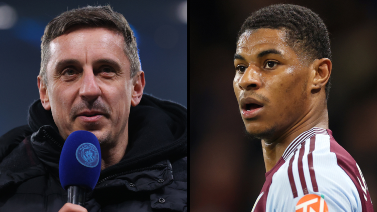 Marcus Rashford of Aston Villa looks on during the Premier League match between Manchester City FC and Aston Villa FC at Etihad Stadium. Insert: Pu...