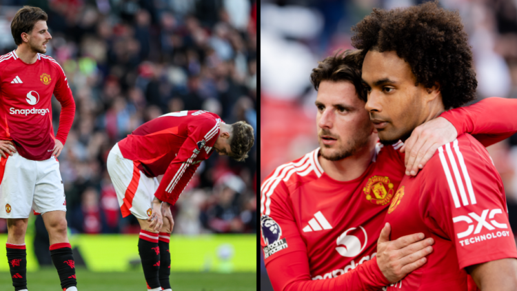Manchester United's Mason Mount and Alejandro Garnacho react after the Premier League match between Manchester United FC and Manchester City FC at ...