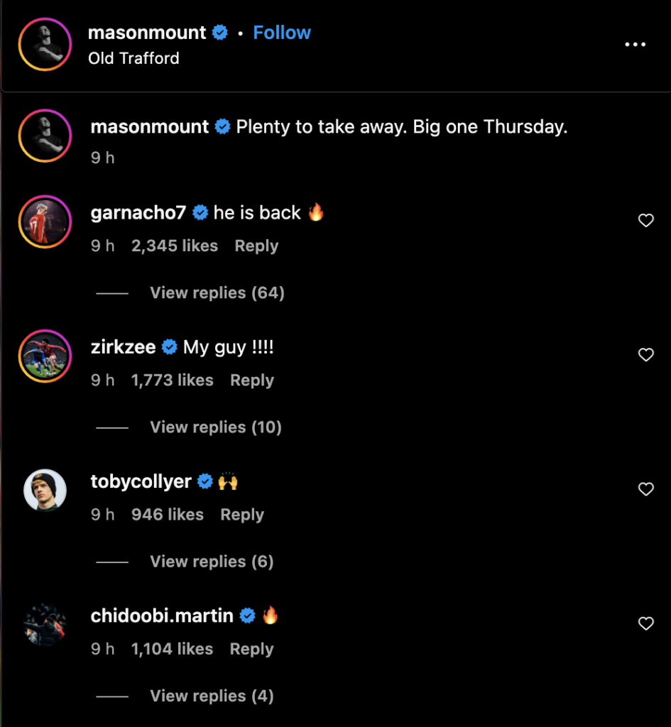 Manchester United duo Alejandro Garnacho and Joshua Zirkzee both reacted to Mason Mount’s message. Credit: Instagram