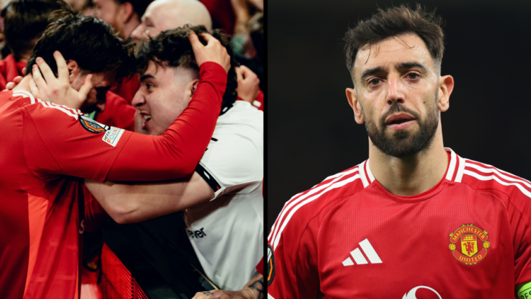 Manchester United celebrates after the UEFA Europa League 2024/25 Quarter Final Second Leg match between Manchester United and Olympique Lyonnais a...